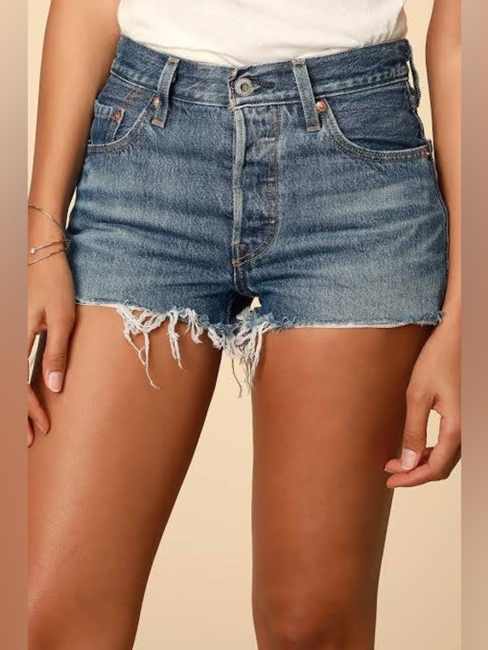 Levi's Medium Blue High-Rise Frayed Hem Denim Shorts